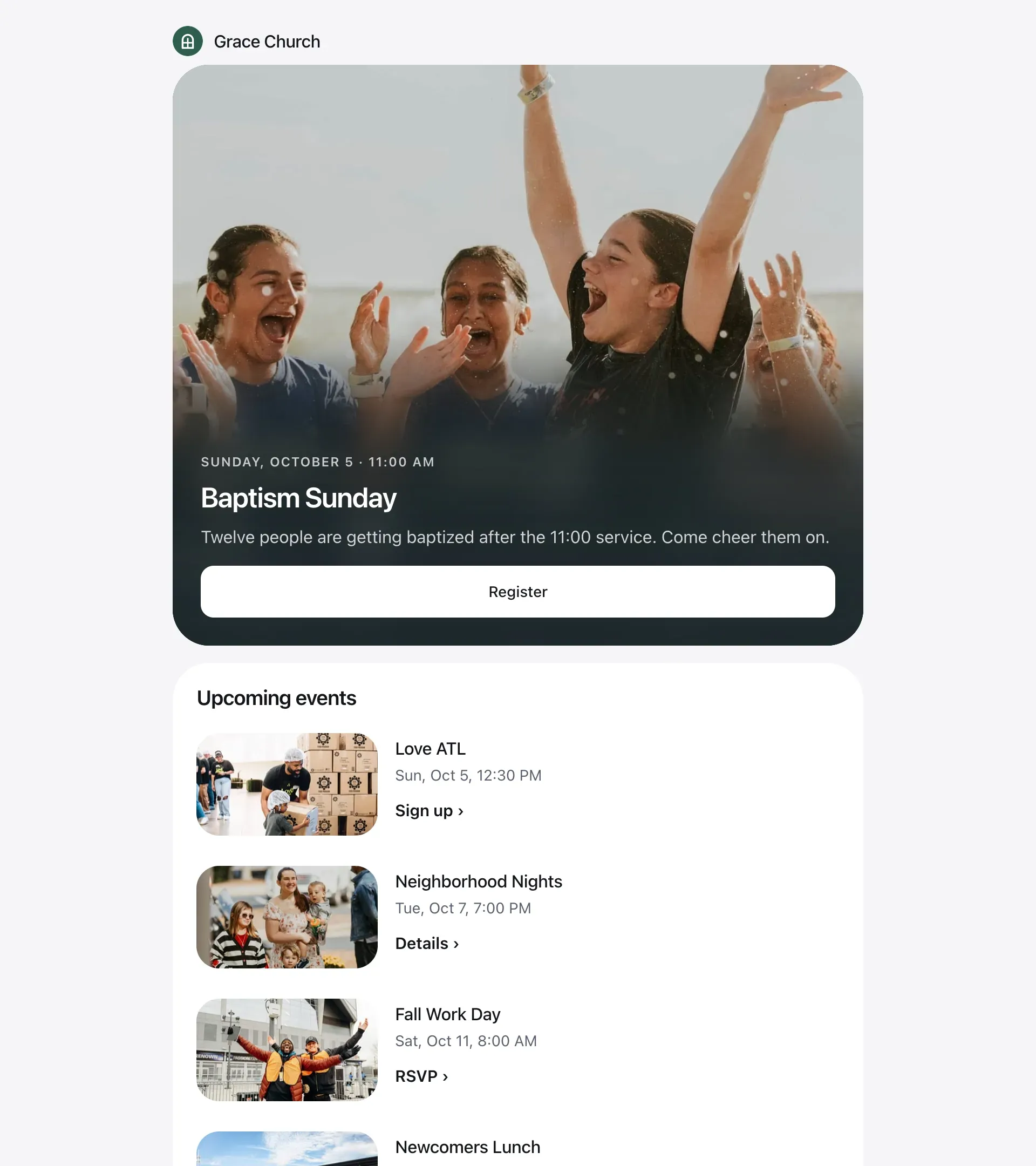 A newsletter made in Butter, open in Mail on a desktop: a featured event for Baptism Sunday, then a list of upcoming events.