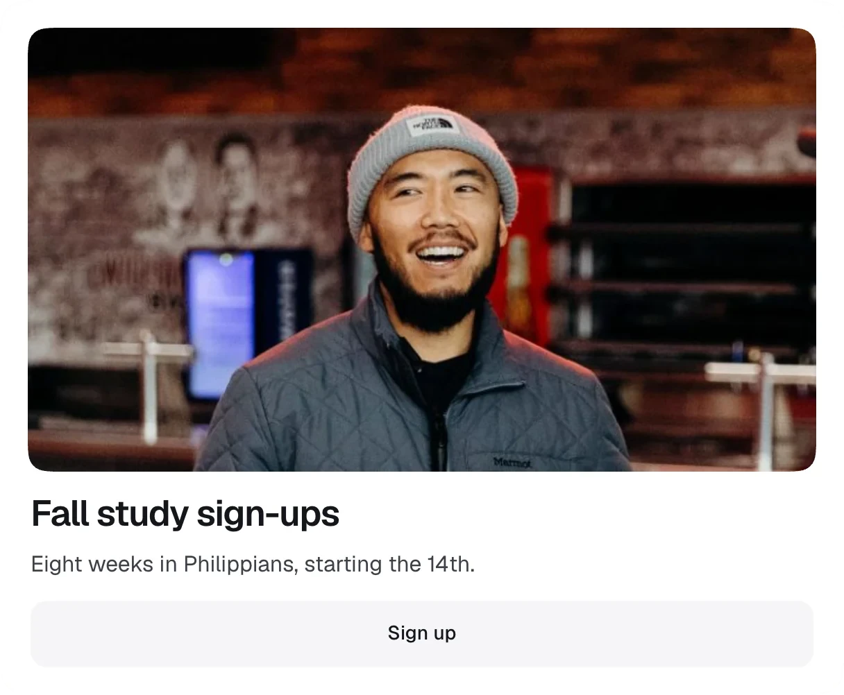 A featured announcement: a photo with a headline and a short note.