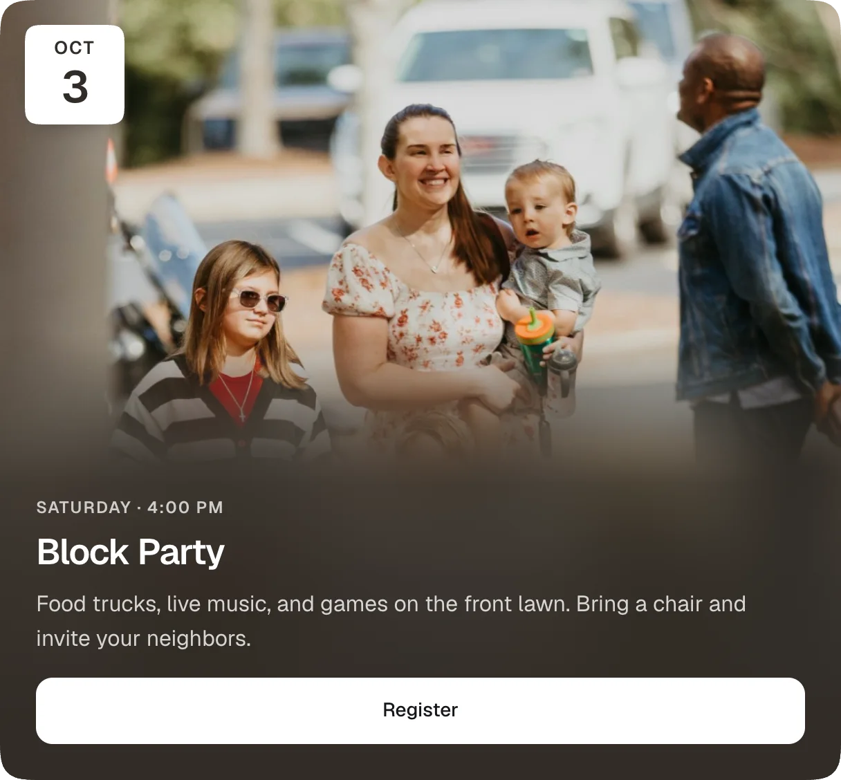 A featured event: a photo, the date and time, and a sign-up button.