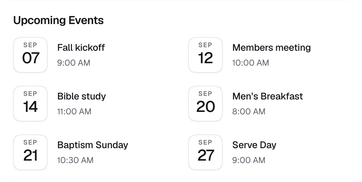 Six upcoming events, two across, each with a date tile.