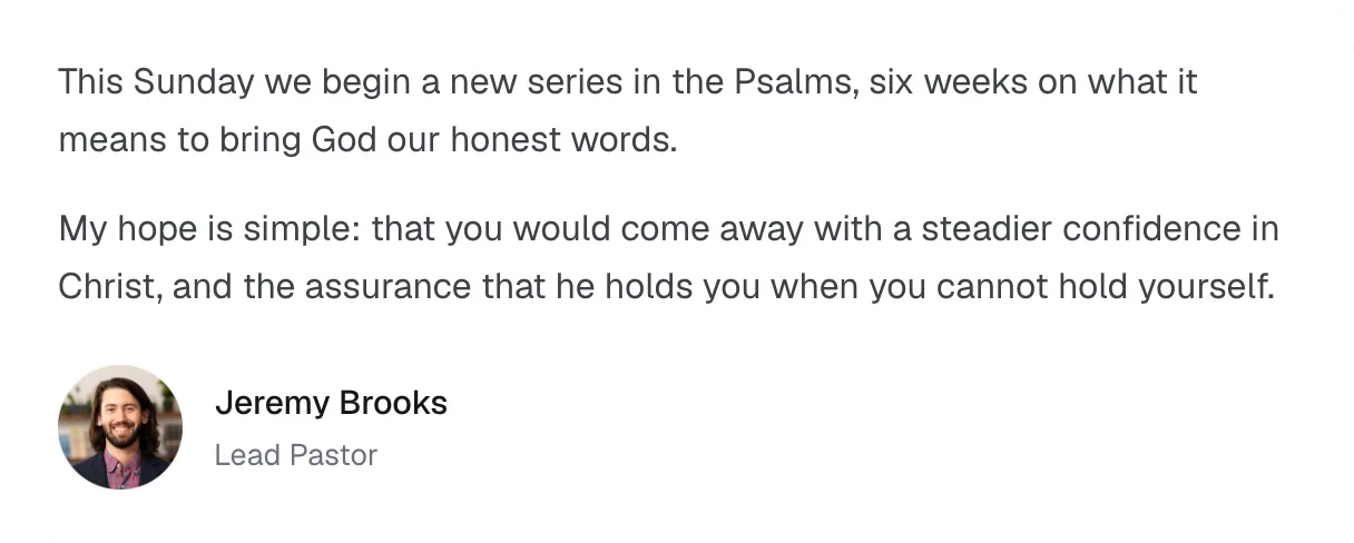 A short letter from the pastor, signed with the pastor's photo and name.