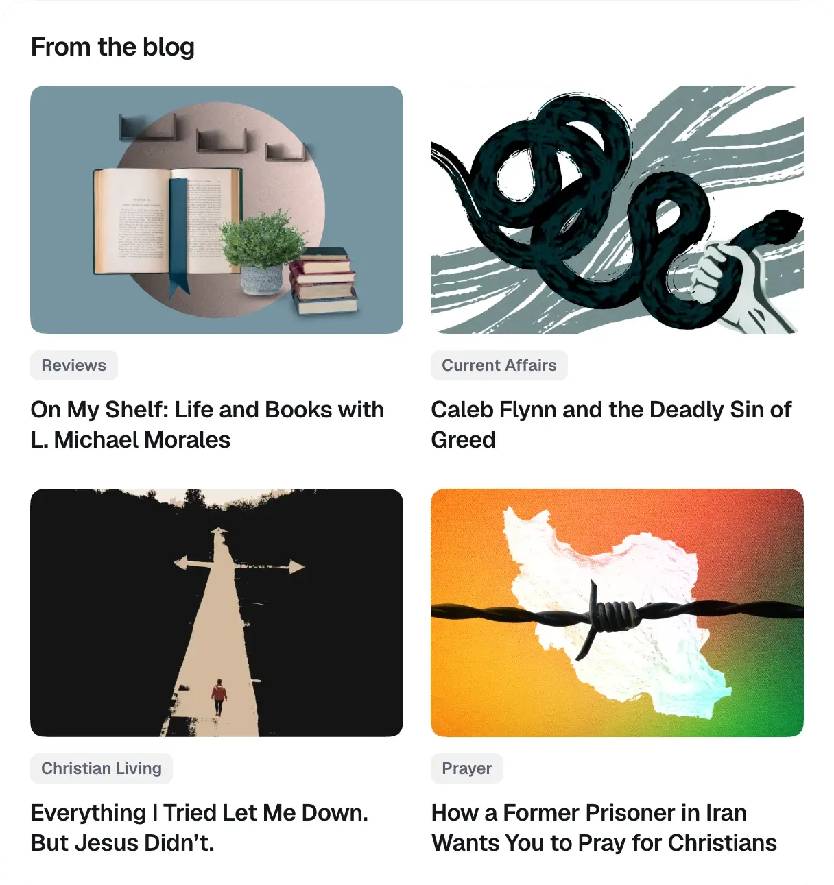 A resources grid: four articles two across, each with a picture, tag and title.