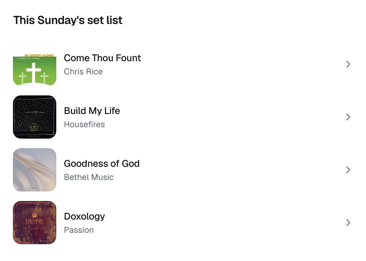 This Sunday's set list: four songs with their album covers and artists.
