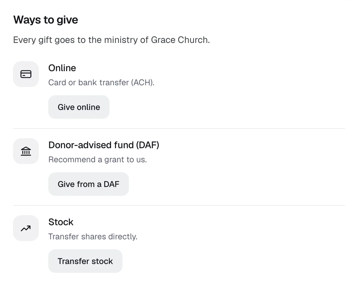 A ways-to-give section: online, donor-advised fund and stock.