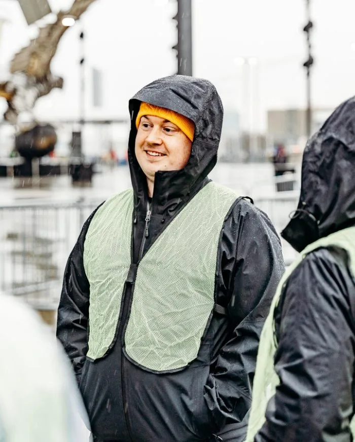 Parking team volunteer in the rain